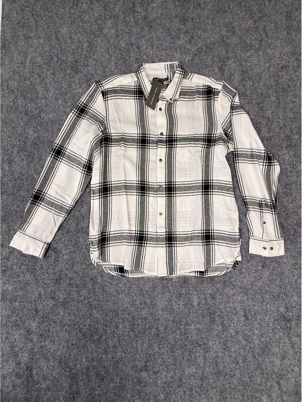 French Connection Men's Black and White Plaid Button-Up Long